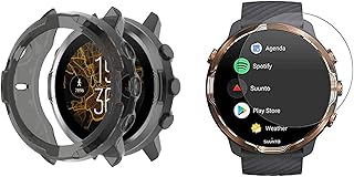 Compatible with Suunto 7 Case, Youkei Case Cover + 2 Pack Glass Screen Protector Compatible for Suunto 7 Smart Watch (Black case+2 * Glass Film)
