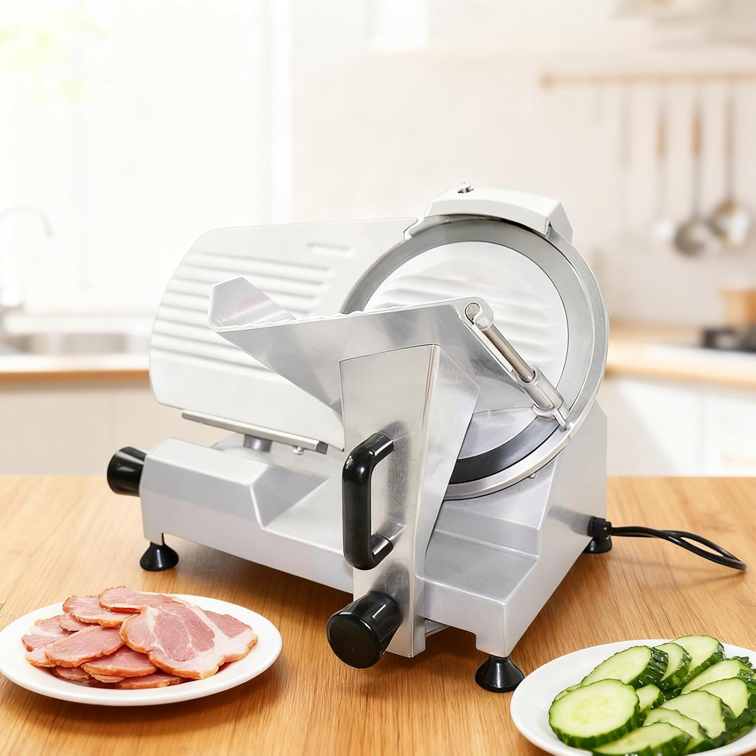 Electric Meat Slicer with Stainless Steel Blade - Adjustable Thickness Deli Slicer for Home & Commercial Use, Suitable for Meat, Cheese, Ham and Frozen Food