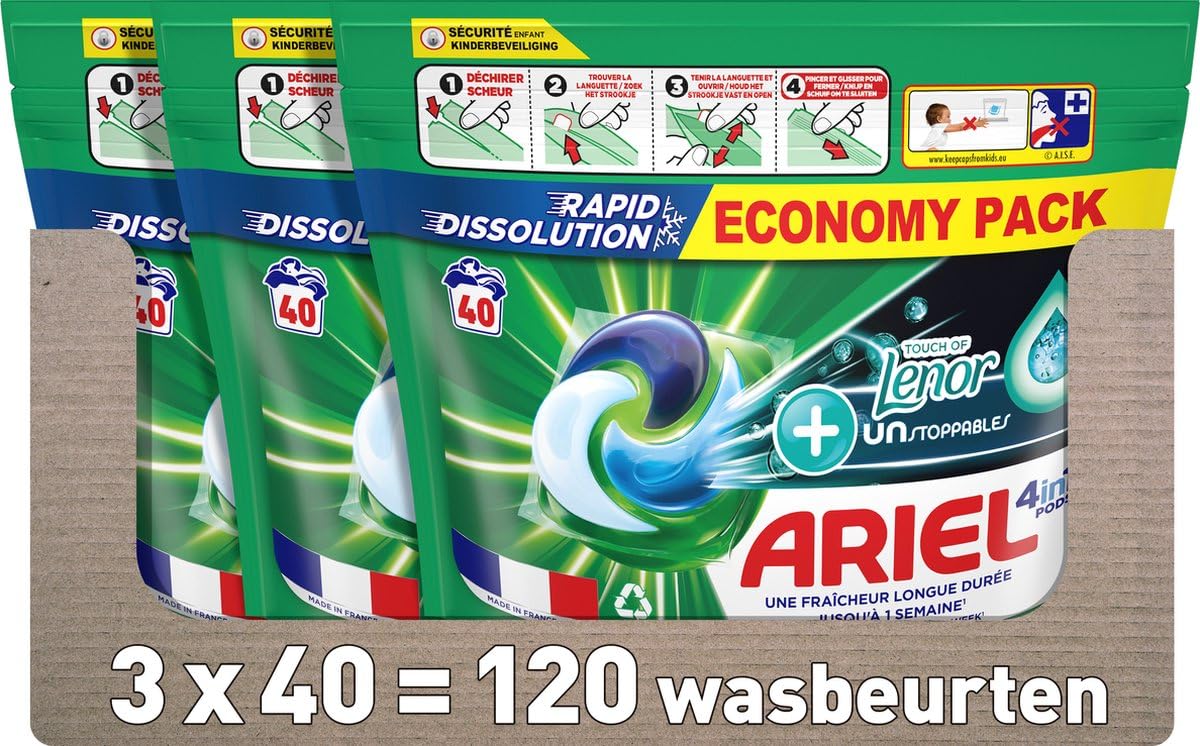 Ariel 4 en 1 cápsulas + Touch Van Lenor Unstoppables - 3x40 lavados - Paquete económico