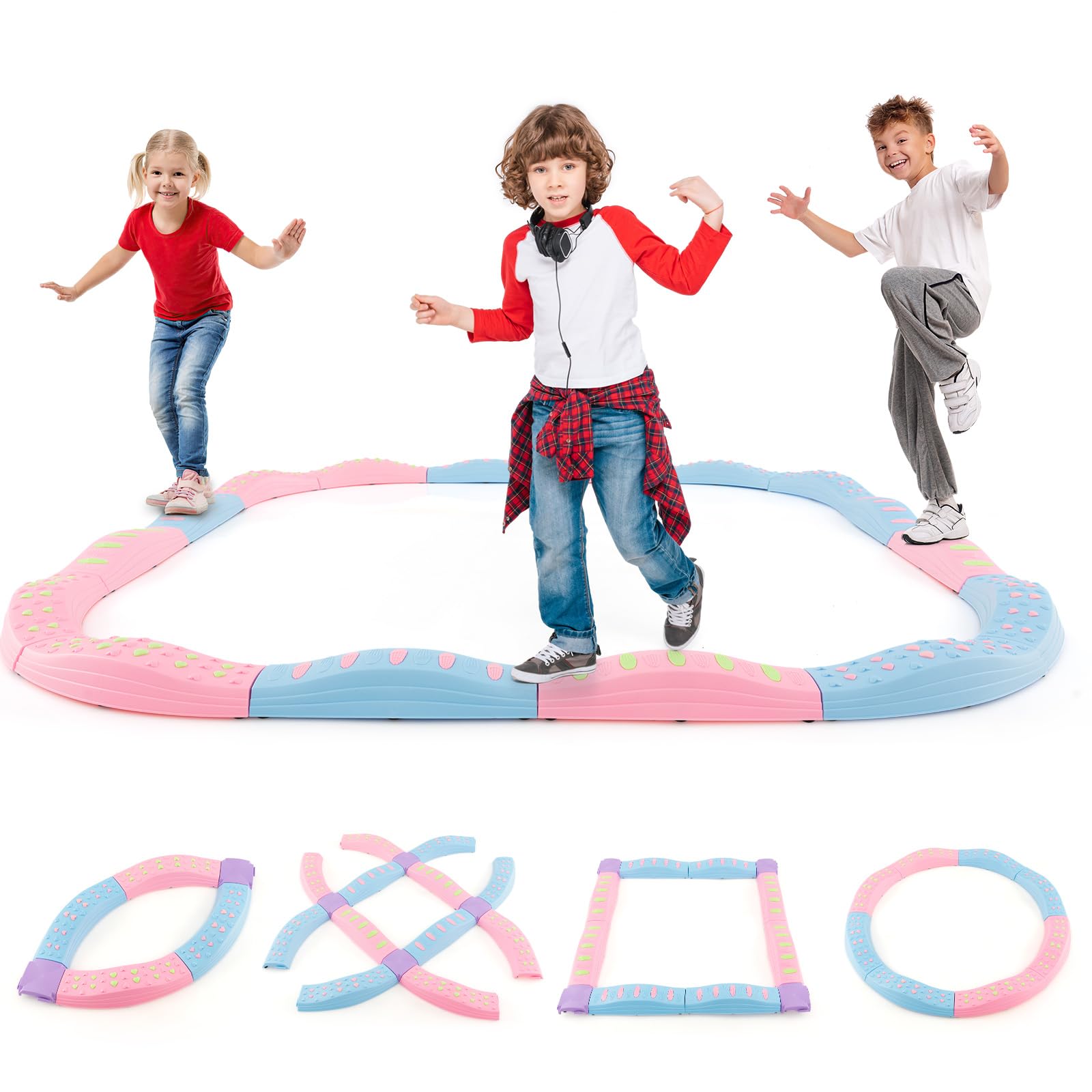 GLACER 20PCS Montessori Balance Beam, Textured Stepping Stones for Toddlers w/Non-Slip Surface, 180 LBS Capacity, Sensory Motor Skill Development Toys for Indoor Outdoor Obstacle Courses (Pink/Blue)