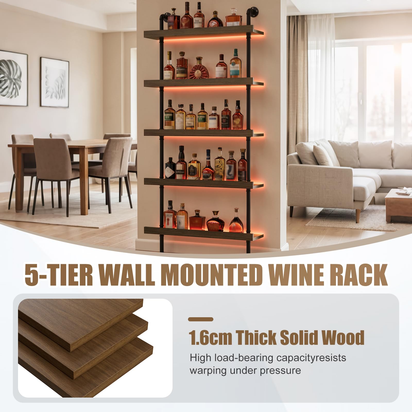MSFE Portabottiglie da Parete con Luce LED 5 Livelli Portabottiglie in Metallo e Legno Massello Da Vino Industriale Portabottiglie con Ripiano Espositivo per Casa, Bar, Ristorante 20x100x180CM