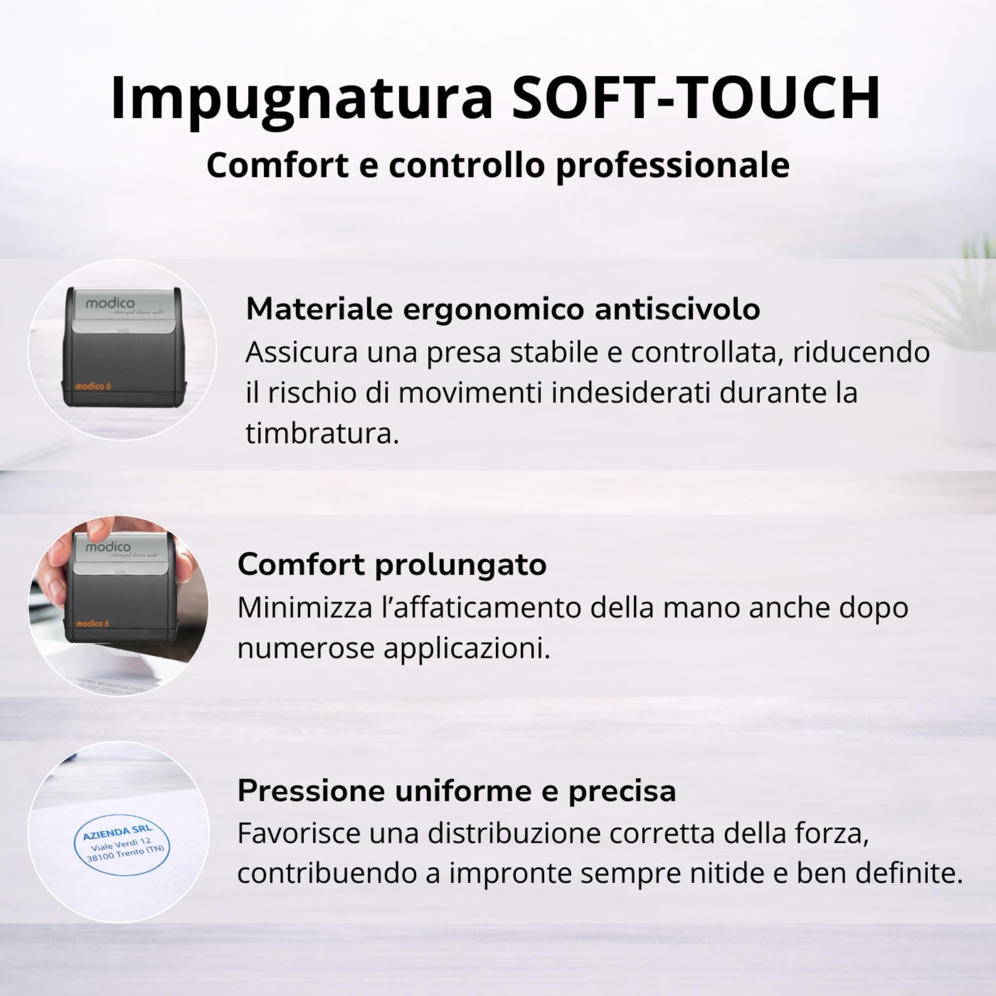 Modico Timbro Personalizzato 5 Righe max. Preinchiostrante - Impronta 20x57 mm, Inchiostro Vari Colori, (Montatura Blu)