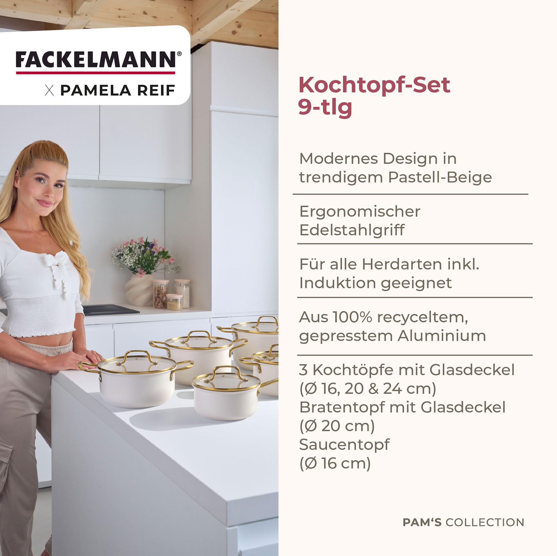 Fackelmann x Pamela Reif Kochtopf-Set 9-tlg. – Recyceltes Aluminium, Pastell Beige, inkl. Glasdeckel, PFAS-freie Keramikbeschichtung, Induktionsgeeignet