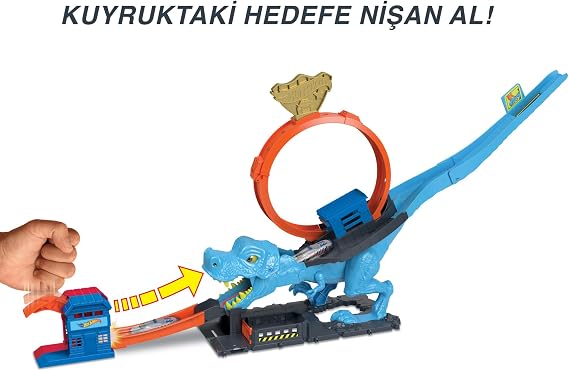 Hot Wheels Dinozor ile Mücadele™ Oyun Seti 1 adet oyuncak araba içeren Hot Wheels™ şehri pist seti, T-Rex akrobasi ve yarış çemberli oyun seti HKX42