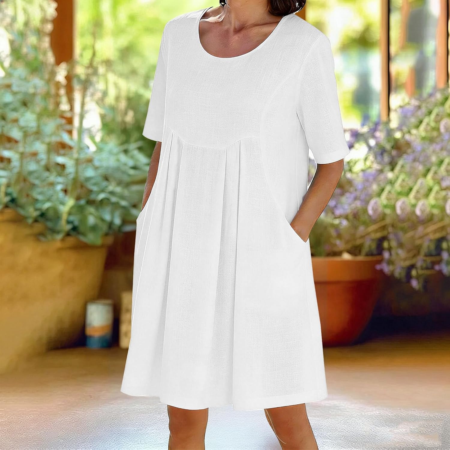 Womens Summer Midi Dresses Casual Loose Fit Short Sleeve Scoop Neck Flowy Tiered Beach T Shirts Dress with Pockets