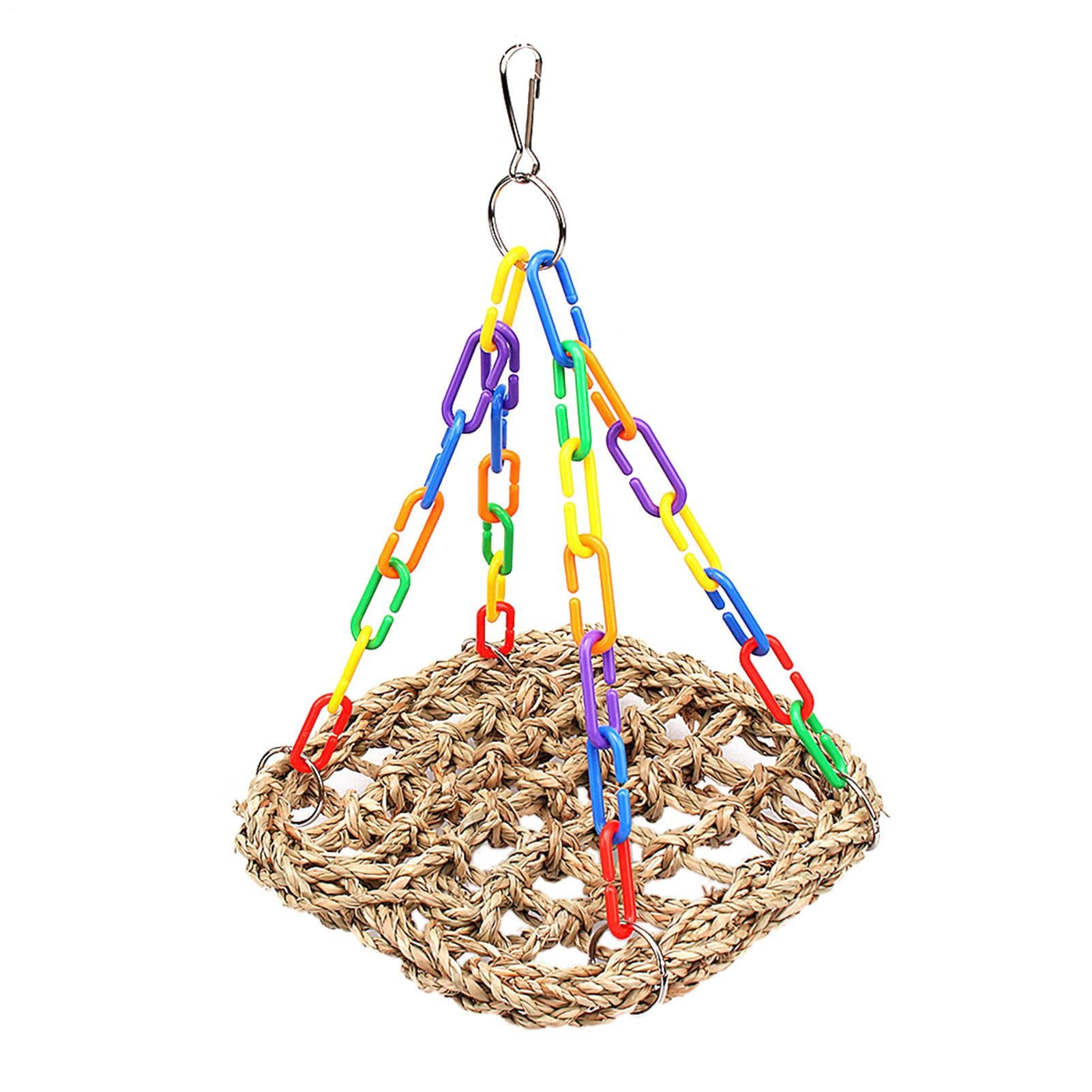Fun Bird Cages Decor - Bird Seagrass Hammock, Cockatiel Seagrass Swing | Bird Chewing Toy, Bite Resistant Bird Chewing Toy Fixed Buckle Climbing Net with Colored Chain for Parakeets, Bird Cages Decor
