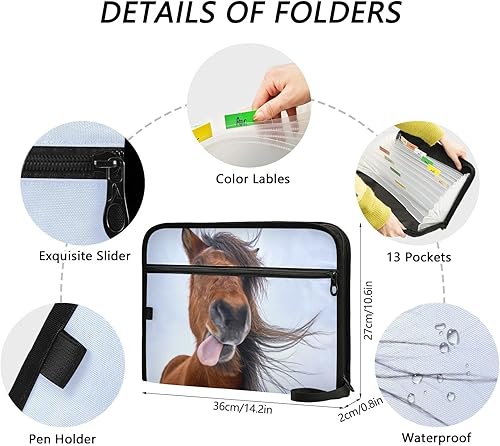 Miniatura 3 de OTVEE Organizador de archivos de acordeón, Smile Funny Horse 13 bolsillos, carpeta de archivo expandible