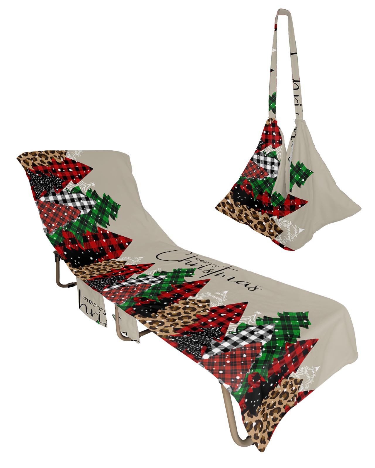 Merry Christmas, Beach Lounge Chair Towel Cover, Soft Chaise Lounge Towel with Side Pockets Patio Pool Chairs Cover for Beach/Pool Sunbathing 29x85 Winter Xmas Tree Leopard Bufflao Check