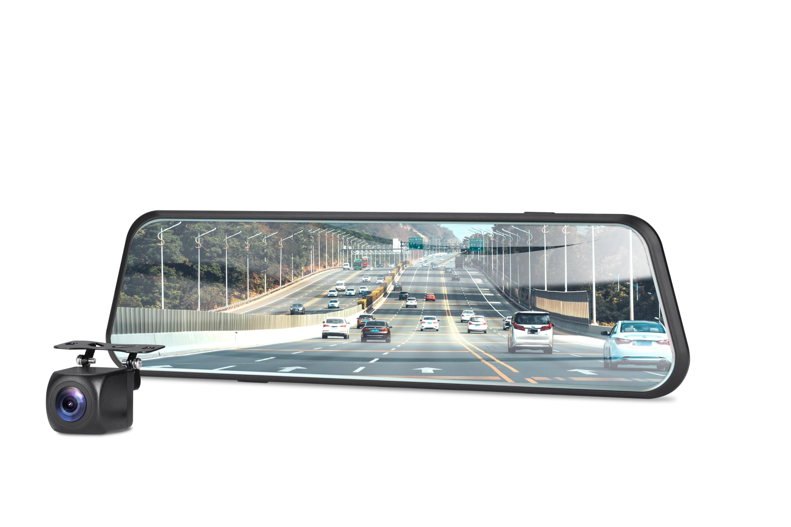 riiv aurora view irvm dash cam for car, clips over existing rear view mirror, 10-inch touch screen mirror display, front 2k + rear 1080p, wifi, reverse camera, hardwire kit, 1-year warranty
