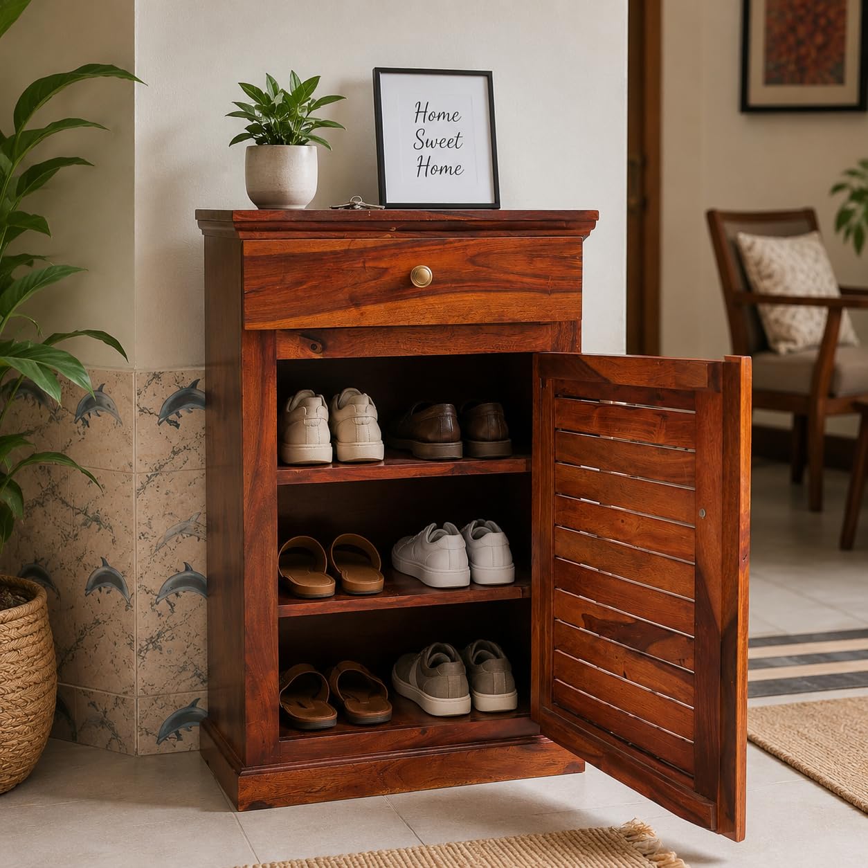 Solid Sheesham Wood Shoe Rack with Door & Drawer Storage Cabinet | Wooden Shoe Stand Organizer for Entryway Bedroom Living Room | Multi Tier Footwear Storage Unit Brown Finish-image-38