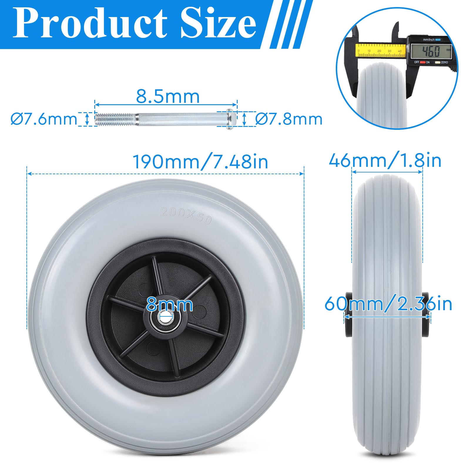 EFUTURETIME 2 x Ruote di Ricambio Anteriori da 190 mm (8 Pollici) in PU Pieno per Deambulatore, Sedia a Rotelle (Grigio)