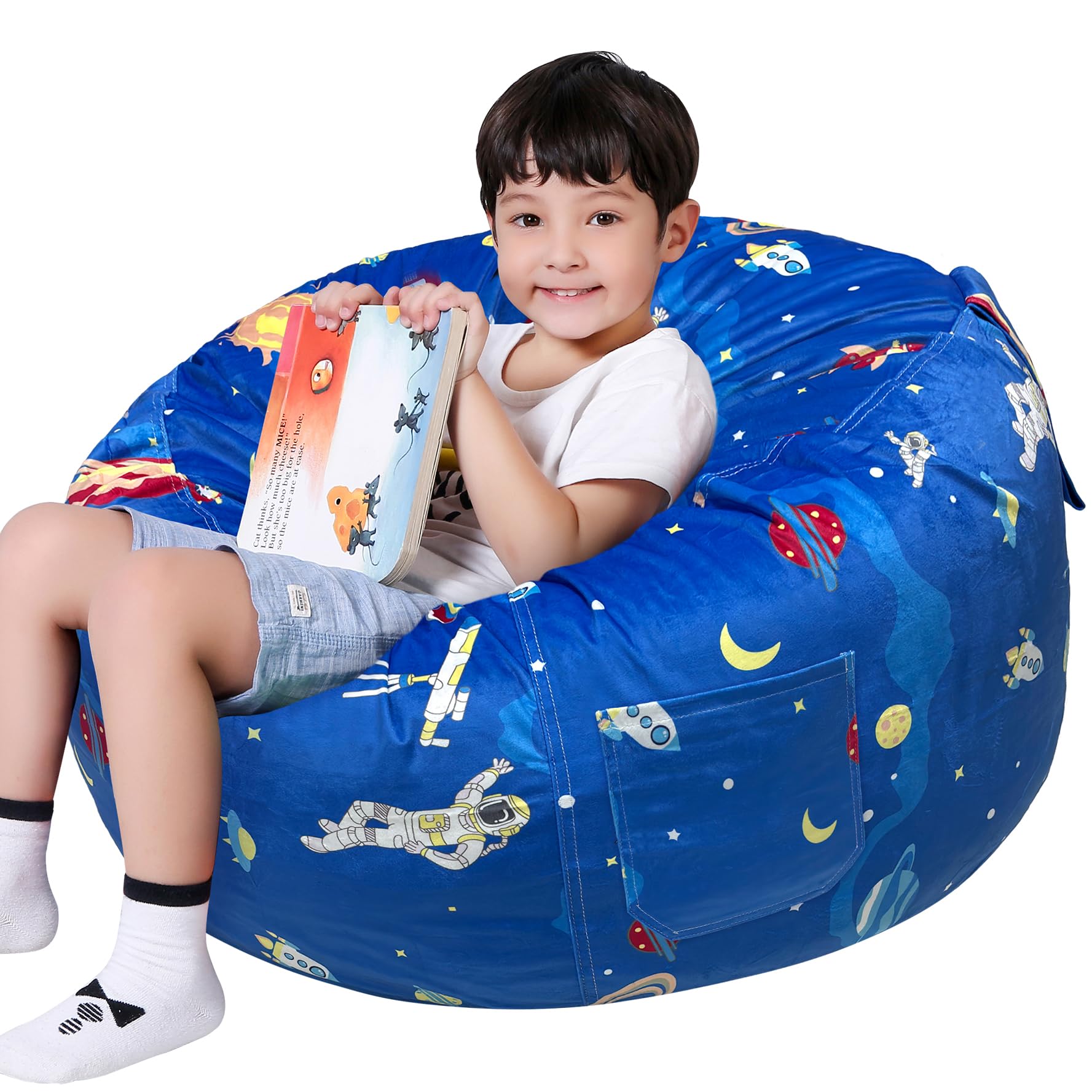 Lukeight Outer Space Stuffed Animal Storage Bean Bag Chair Cover - Premium Velvet Organizer with YKK Zipper Holds 80+ Plush Toys, Washable Kids Room Decor (No Filling, X-Large)