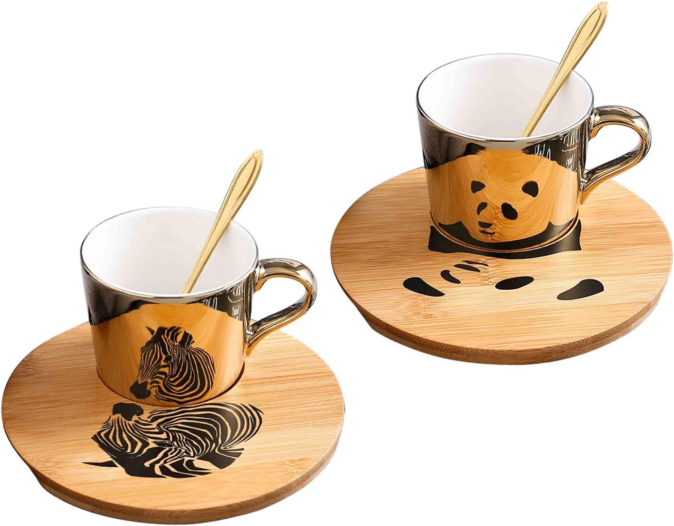 Mirror Cup and Saucer Set Cappuccino Cups Set of 2 Ceramic Gold Animal Espresso Cups with Saucers and Spoons 8 Ounce Tea Coffee Cup with Wood Saucer, Set of 2, Golden Best Gift