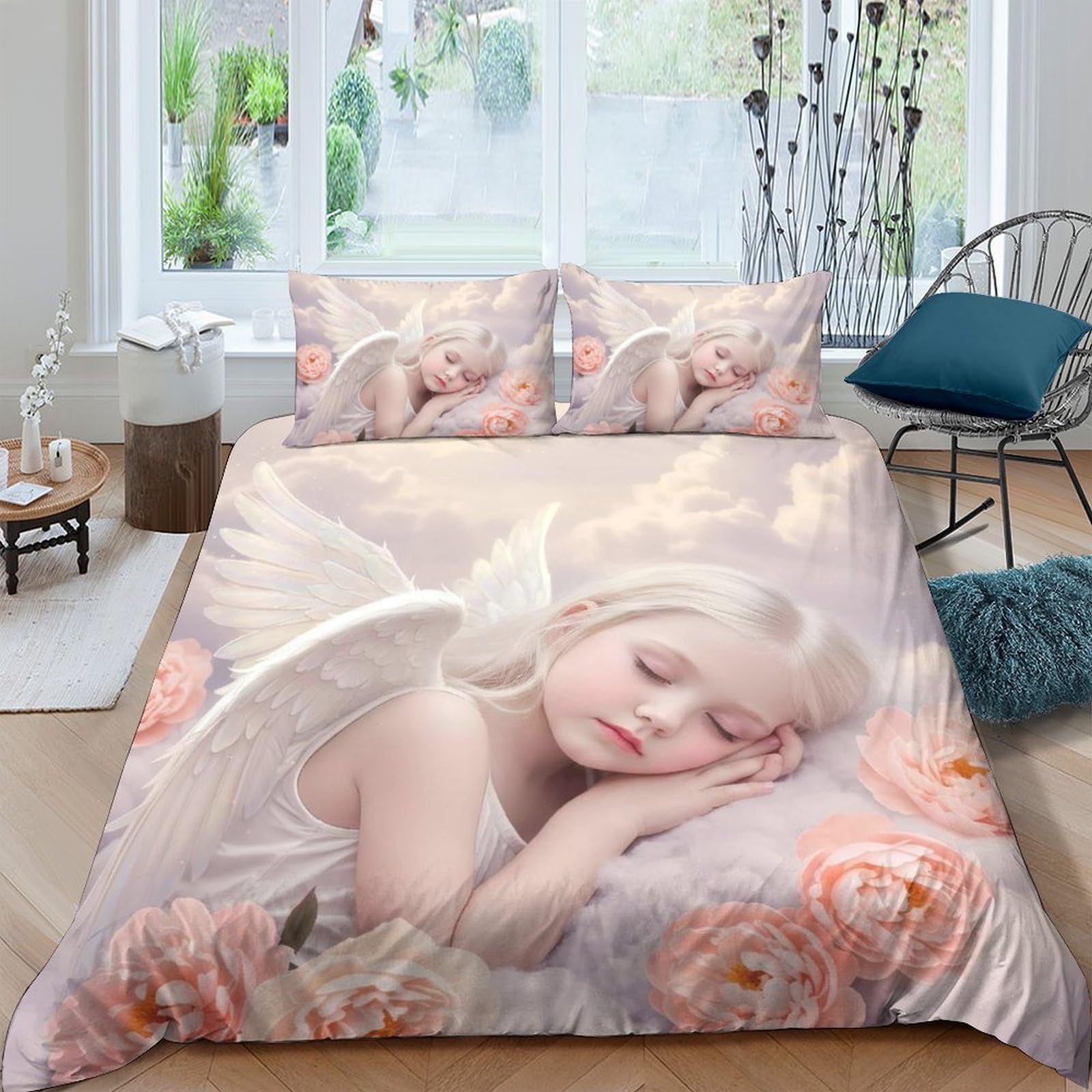 GPLZQXKJNH 3D Printed Angel Sleeping Duvet Cover Microfiber Soft Peach Floral Bedding Set with 2 Pillowcases for Bedroom Decor Single（135x200cm）