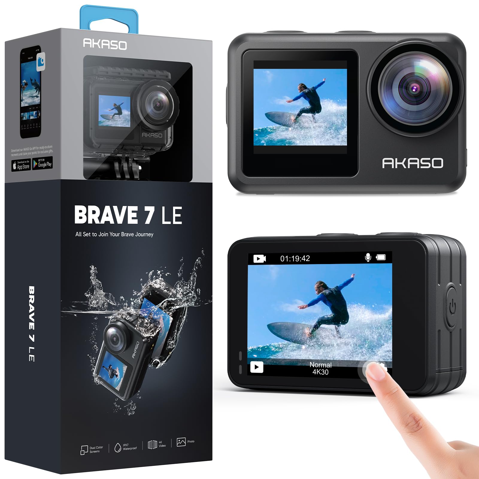 AKASO Brave 7 LE 4K30FPS 20MP WiFi Action Camera with Touch Screen EIS 2.0 Zoom Remote Control 131 Feet Underwater Camera with 2X 1350mAh Batteries Support External Microphone Vlog Camera