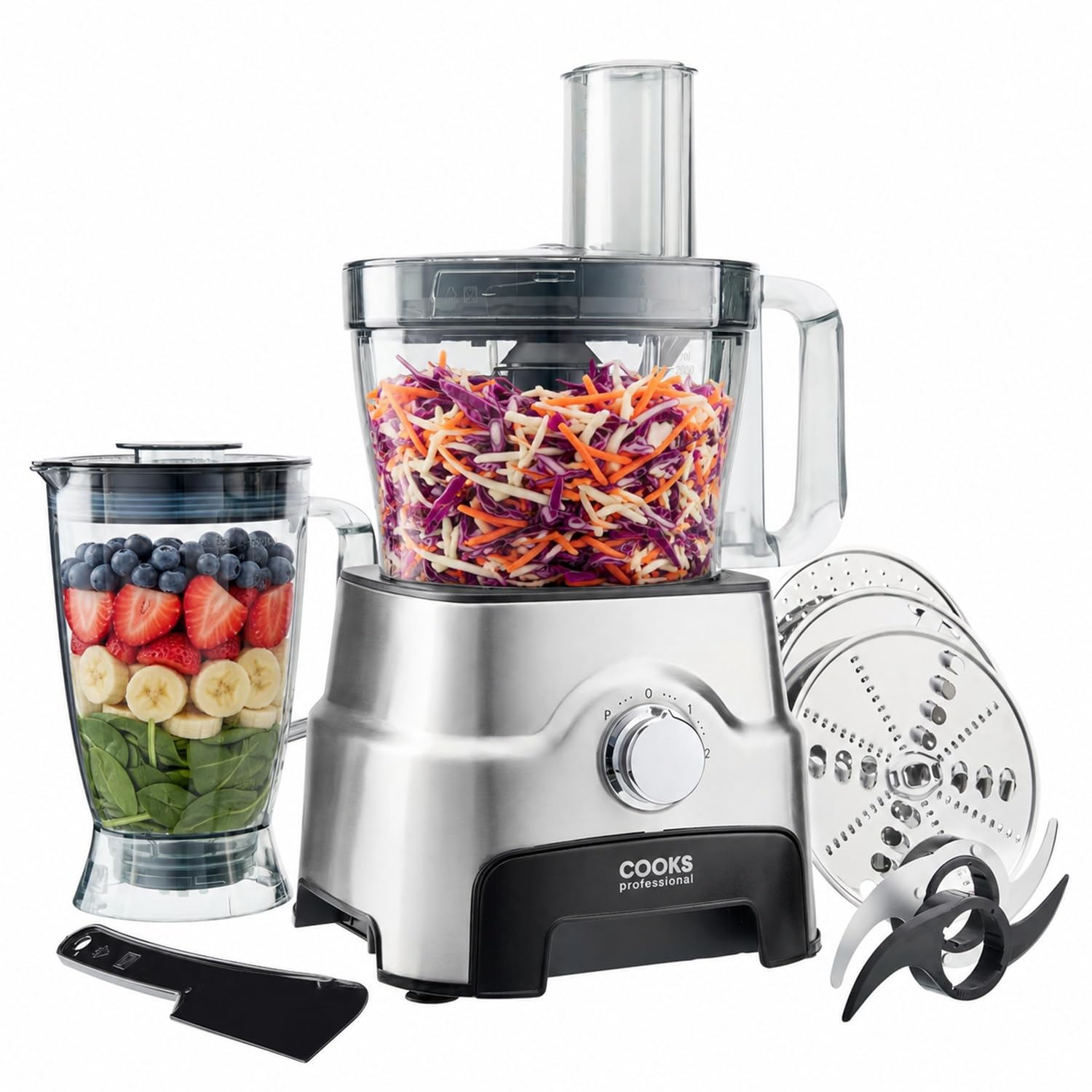 Cooks Professional 1000W Power Food Processor with 3.5L Bowl, Multifunction Cutting Discs, 1.8L Blender Jug, Stainless Steel Base & Storage Drawer | Slice, Shred, Grate | Compact Food Chopper | Silver