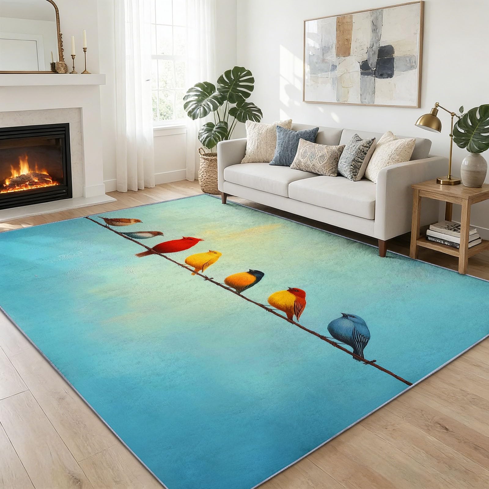 Générique Vintage 140 x 200 cm Moderne Tapis de Salon, Doux Cartoon Animal Oiseau Imprimé Tapis - Vert Sauge Moquette Antidérapant pour Salle à Manger Chambre Couloir Bureau Salle de Jeu