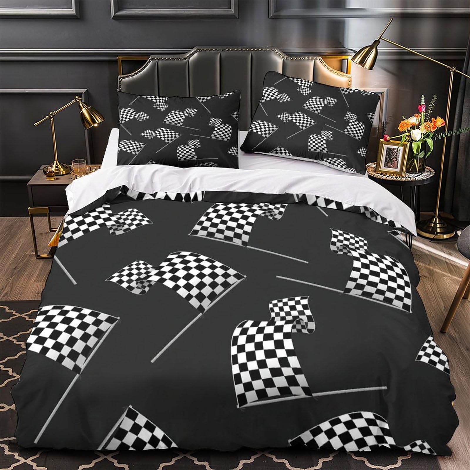 Parure de couette courses à damier 135x200 microfibre hypoallergique lit simple fermeture éclair