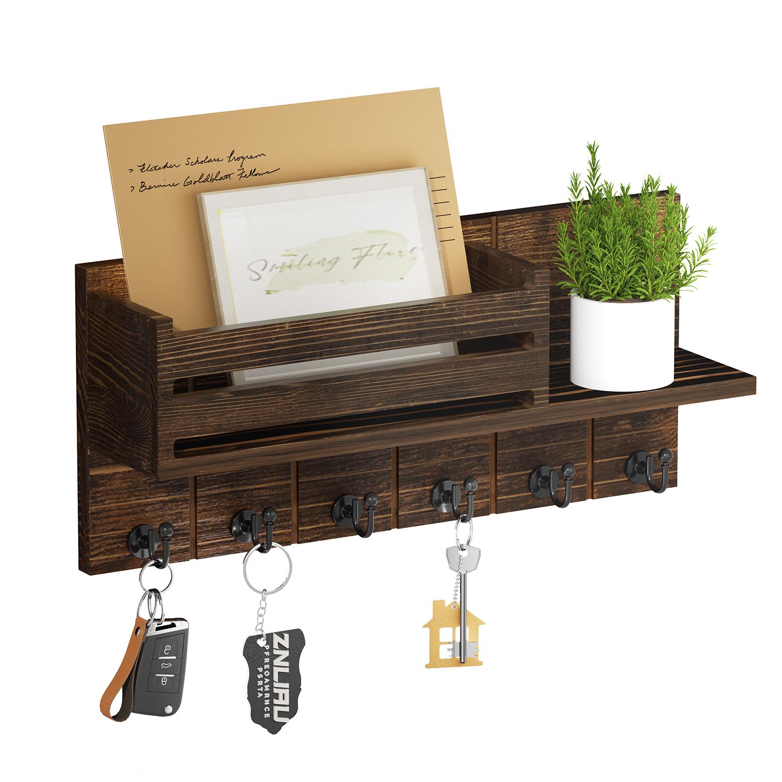 SWTYMIKI Key Hooks Wall Mounted - Key Holder for Wall for Entryway Foyer | 3-in-1 Mail Compartment, Display Shelf, 6 Robust Metal Hooks, Carbonized Solid Wood, Slim Compact Farmhouse Storage