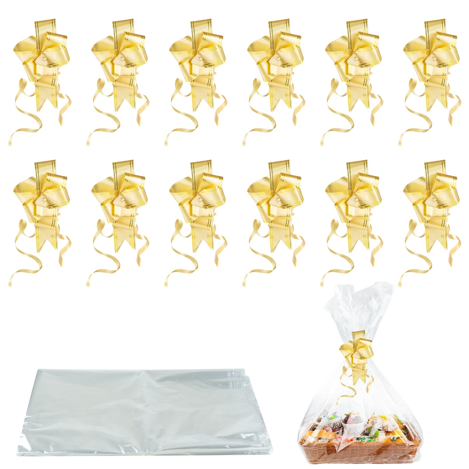 NIXRET Large Cellophane Wrap Bags For Hampers, Pack Of 12 (70CMX100CM/30"X40") Clear Hamper Basket Gift Bags For Present Packaging, Hamper Wrapping Cellophane With 12 Pull Bows