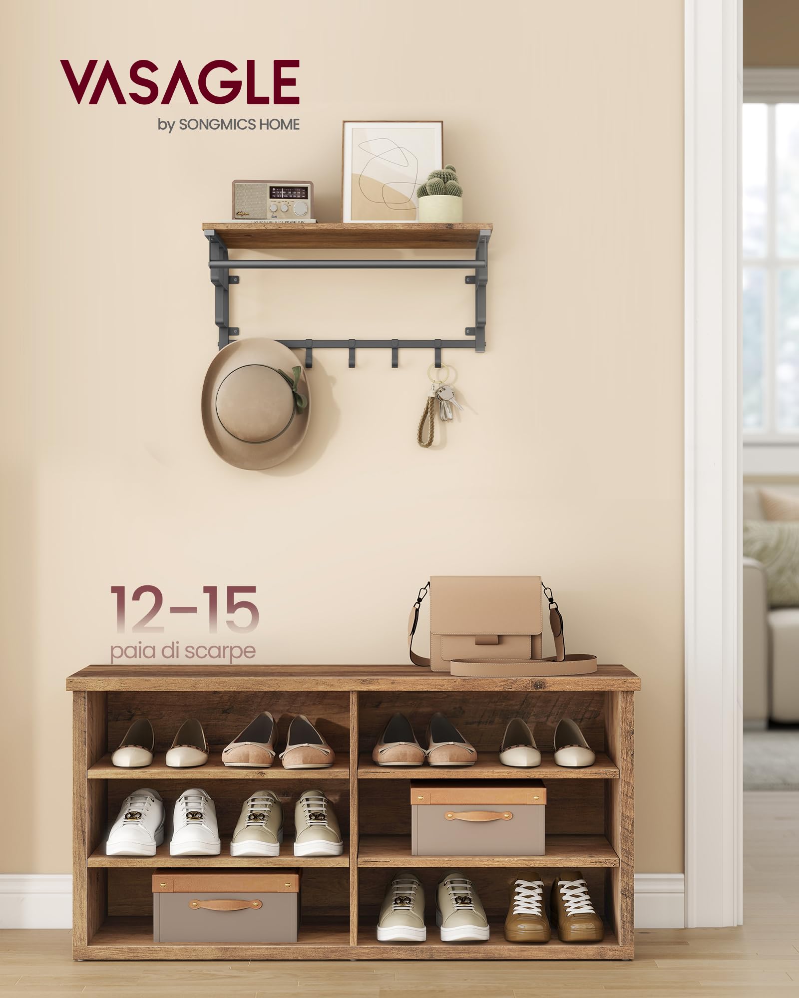 VASAGLE Panca Scarpiera, Scarpiera Ingresso, 6 Scomparti, Ripiani Regolabili, per Soggiorno Corridoio, 29,5 x 100 x 50 cm, Marrone Miele LSB036K01