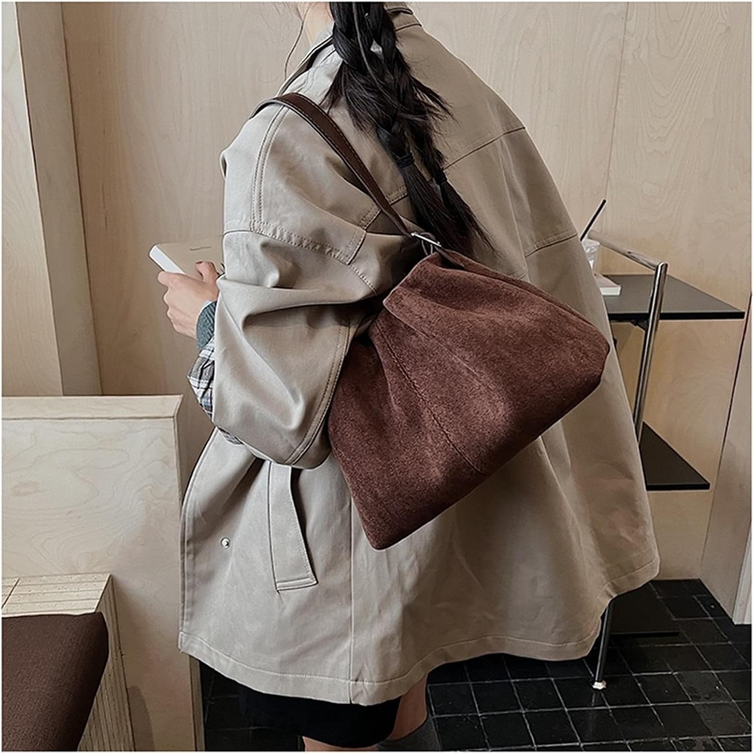Women Vintage Suede Handbag Small Tote Bag Drawstring Bucket Bag Faux Suede Crossbody Bag Everyday Shoulder Bag Winter Purse