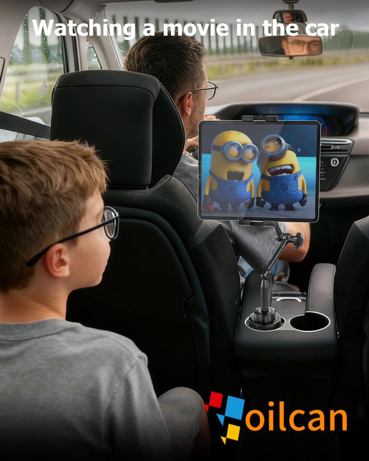Oilcan Supporto per tablet per auto, portabicchieri [braccio lungo regolabile a 360°] in metallo, per auto, camion, tablet con braccio in alluminio per tablet, telefoni cellulari, iPad, Galaxy Tabs