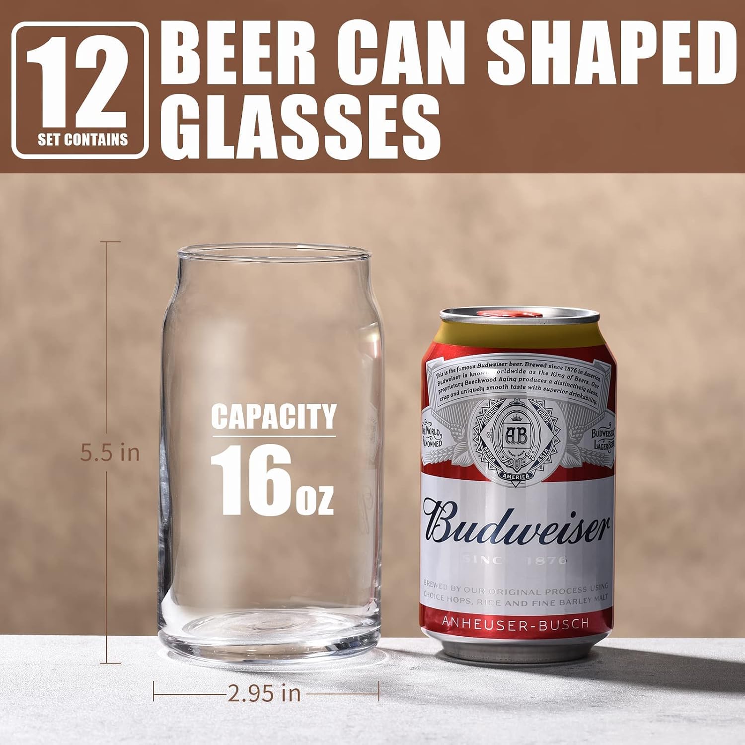 Rainforce Glass Cups Drinking Glasses 12pc Set 16 Oz Can Shaped Glass Cups With Straw and Brushes Beer Can Glass Beer Glasses Glass Cups