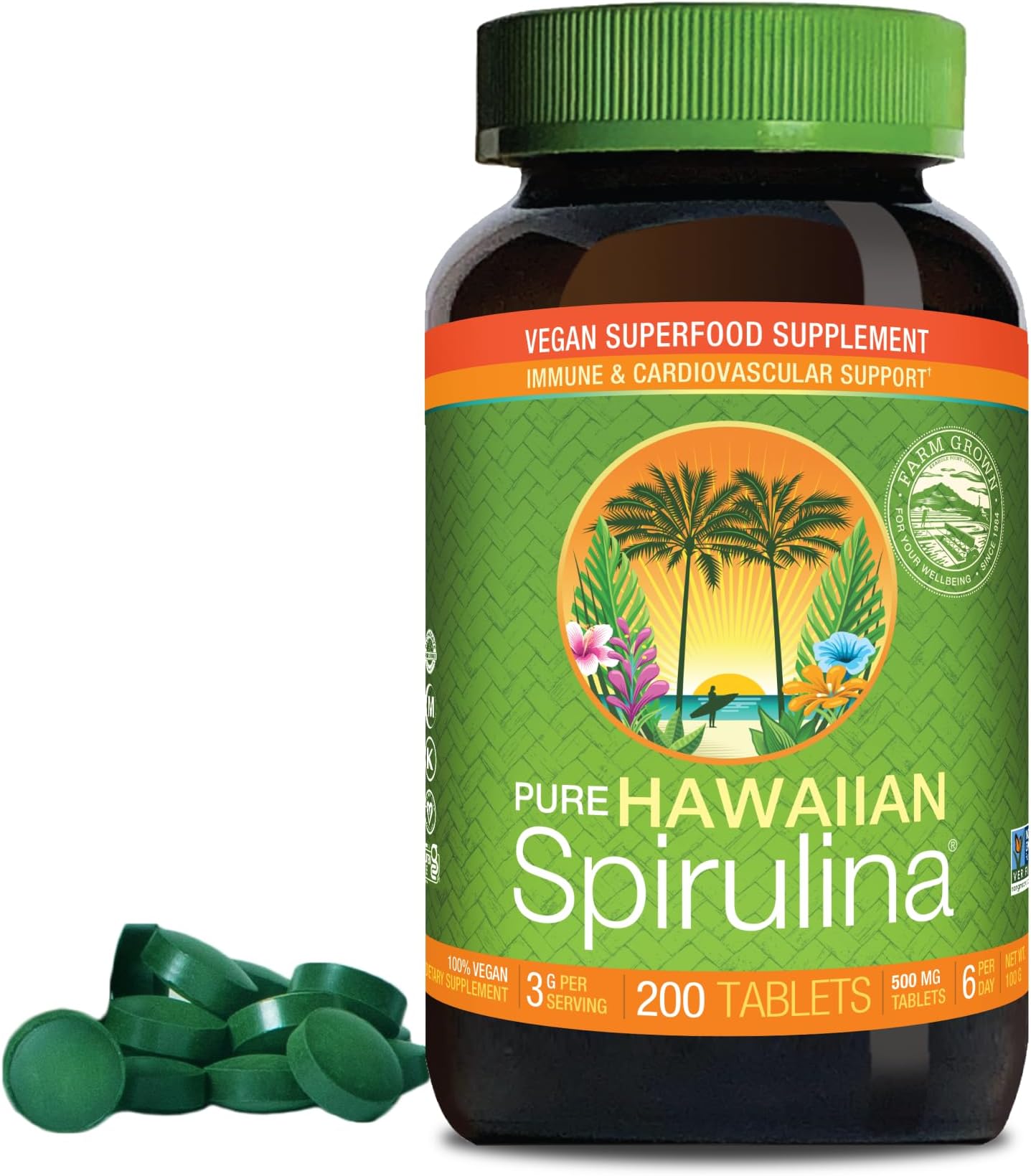Pure Hawaiian Spirulina 500 mg, Vegan, Supports Immune System, Heart, Cells and Energy, 200 Tablets