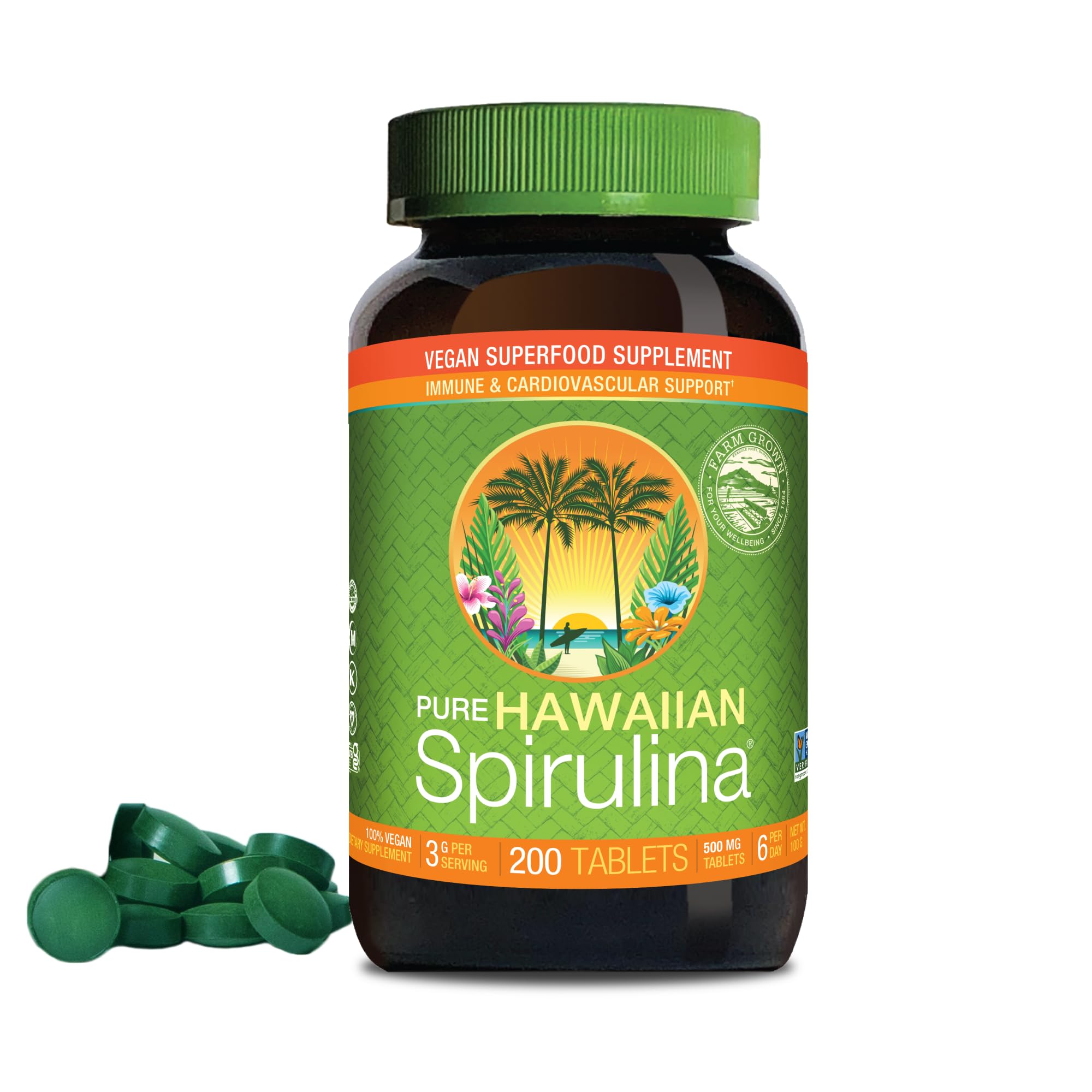 Nutrex Hawaii, Pure Hawaiian Spirulina 500 mg, Vegan, Supports Immune System, Heart, Cells and Energy, 200 Tablets