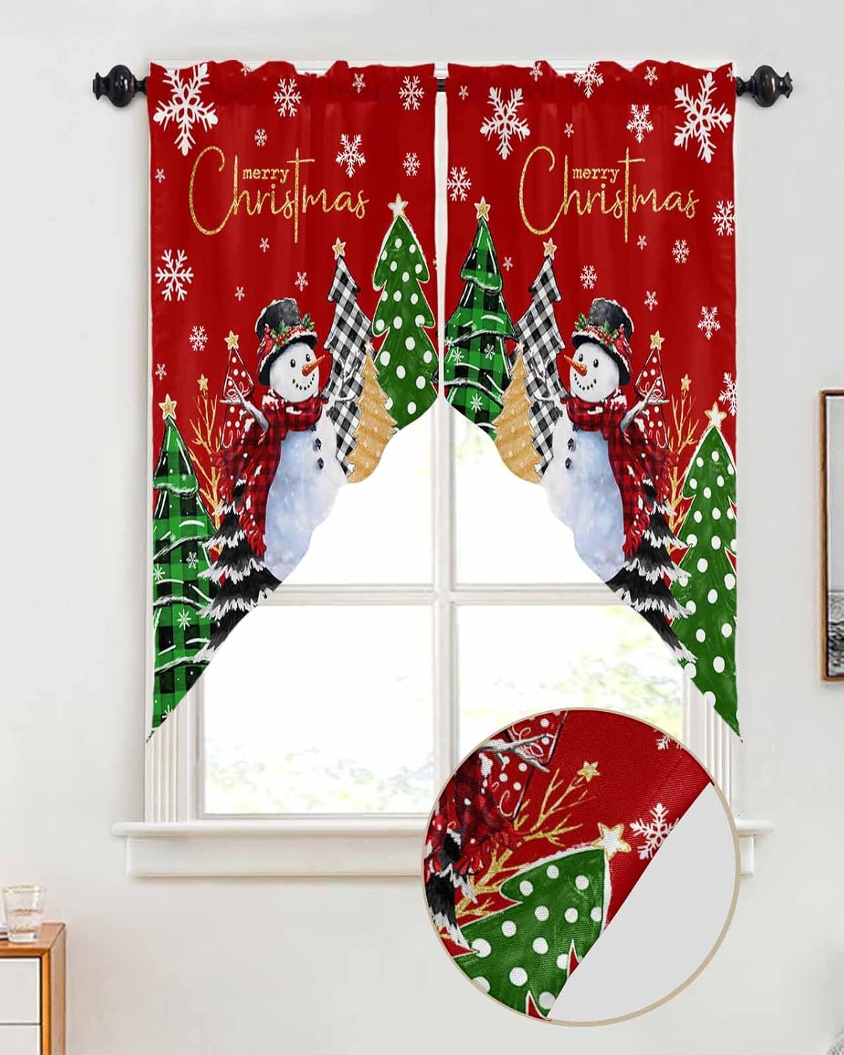 Christmas Swag Valance for Windows, Red Green Snowman Snowflake Pine Tree Checkered Rod Pocket Swag Curtains Valance Kitchen Curtains Tier Small Window Curtains for Kitchen Sink Living Room 56"Wx36"H