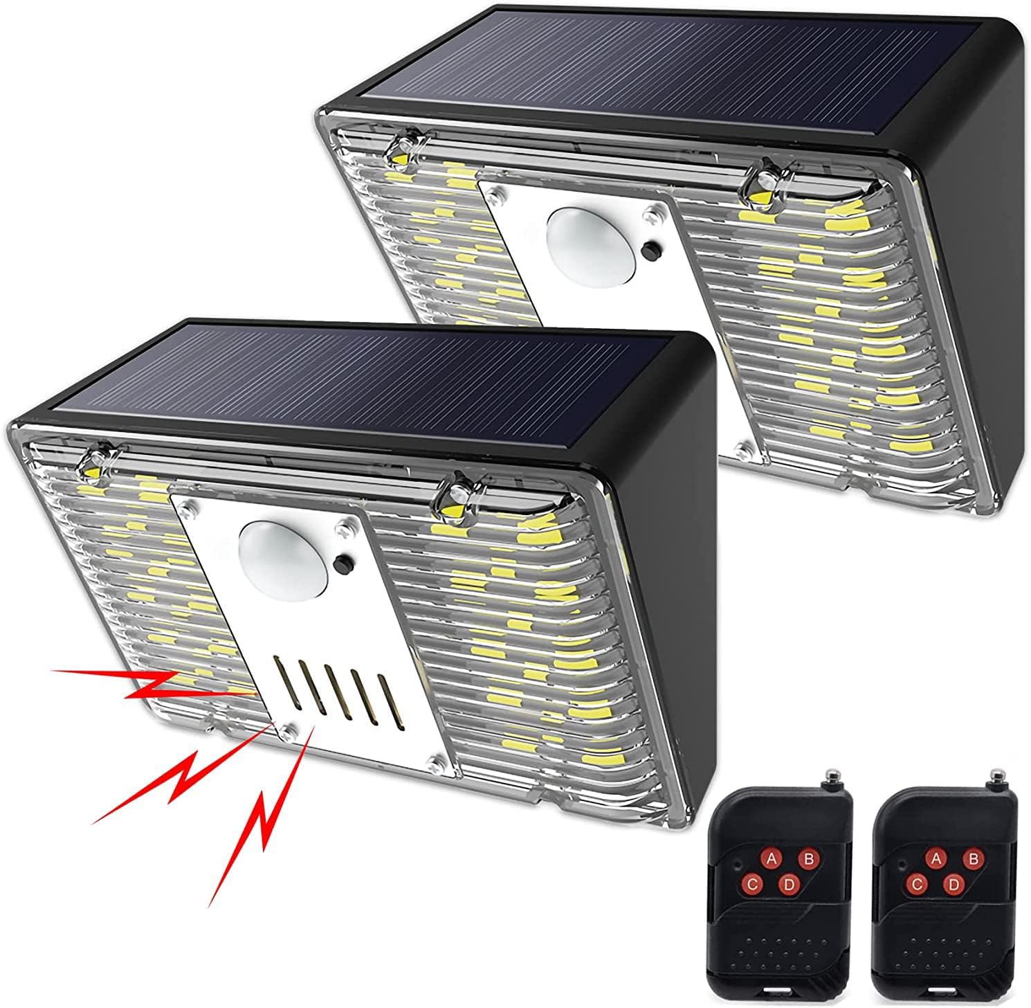 keeda Solar Security Lights Outdoor with Motion Detector, 129dB Loud Sound Solar Alarm Light with Remote Waterproof 3 Modes RV Motorhome Strobe Light for Car Vehicle Driveway Patio Yard (Pack of 2)