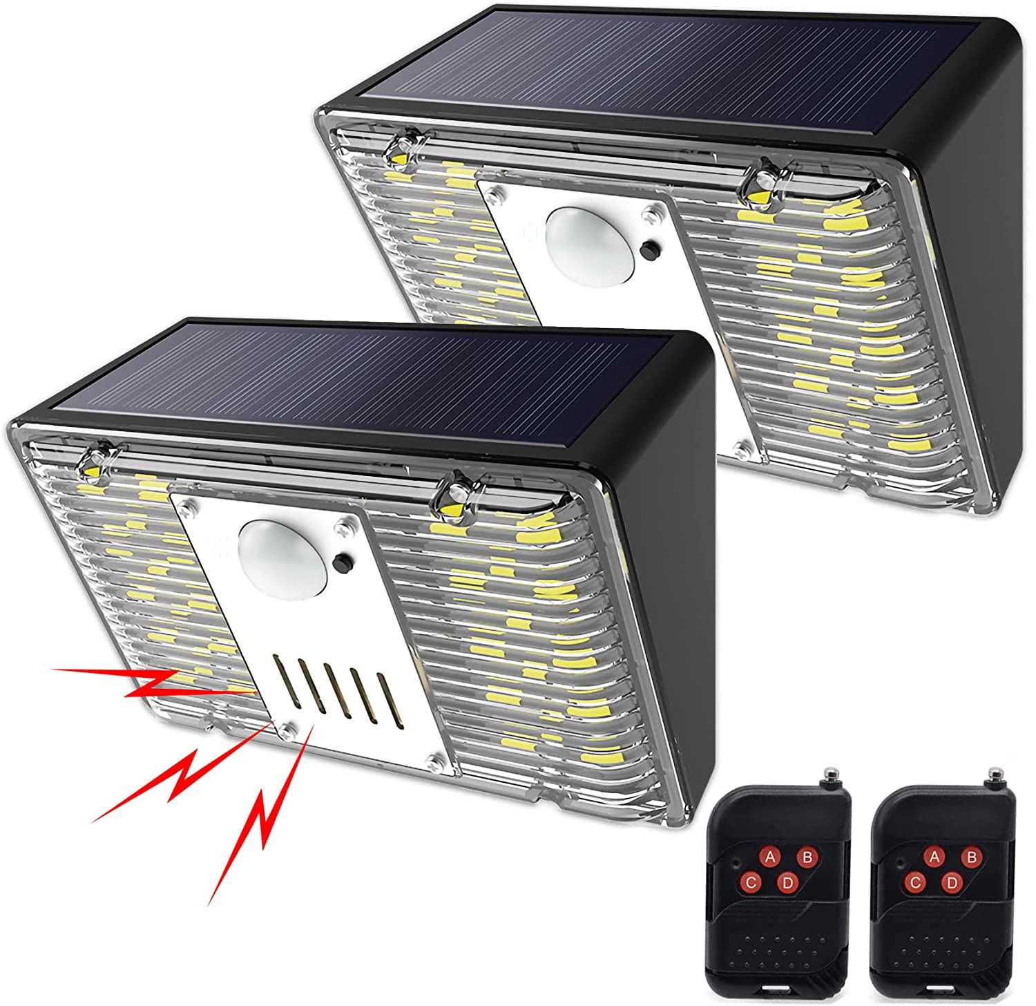 keeda Solar Security Lights Outdoor with Motion Detector, 129dB Loud Sound Solar Alarm Light with Remote Waterproof 3 Modes RV Motorhome Strobe Light for Car Vehicle Driveway Patio Yard (Pack of 2)