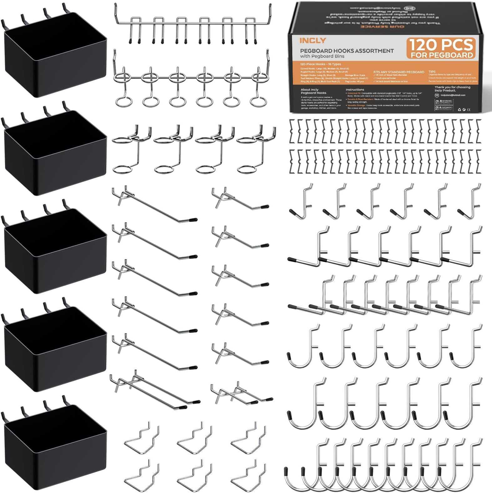 INCLY 120PCS Pegboard Accessories Kit Include Peg Board Hooks & Bins