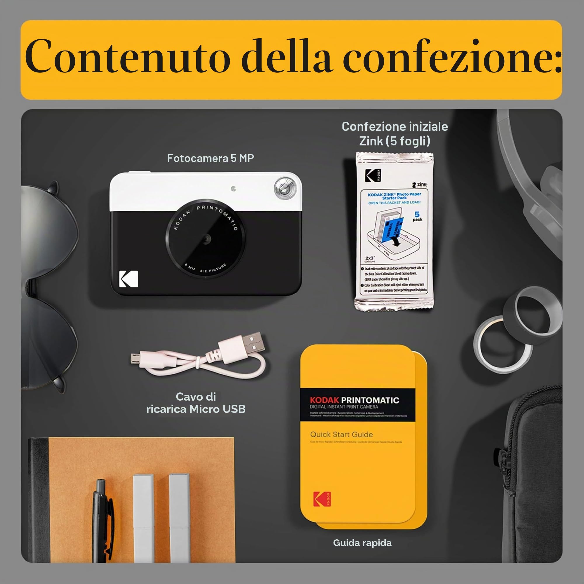 KODAK Printomatic Pacchetto iniziale per macchina fotografica a stampa istantanea a colori + Custodia morbida + Carta fotografica Zink 20pk - Foto colorate su carta adesiva 2x3" - Nero