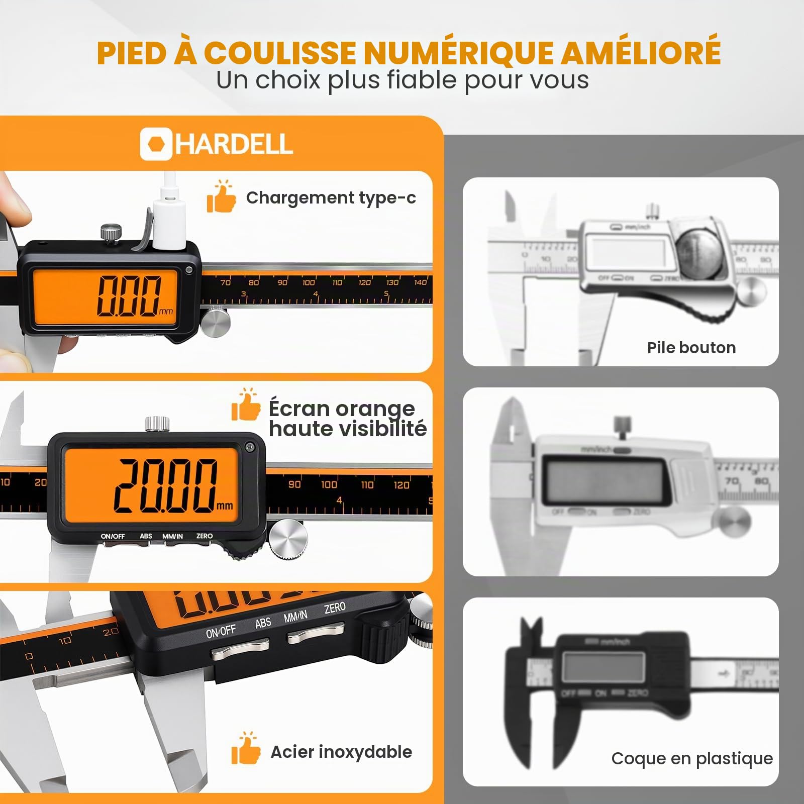 HARDELL Pied à coulisse numérique rechargeable avec grand écran orange, fonction LCD antireflet et ABS, outil de mesure en millimètre, micromètre en acier inoxydable – Arrêt automatique pour bricolage