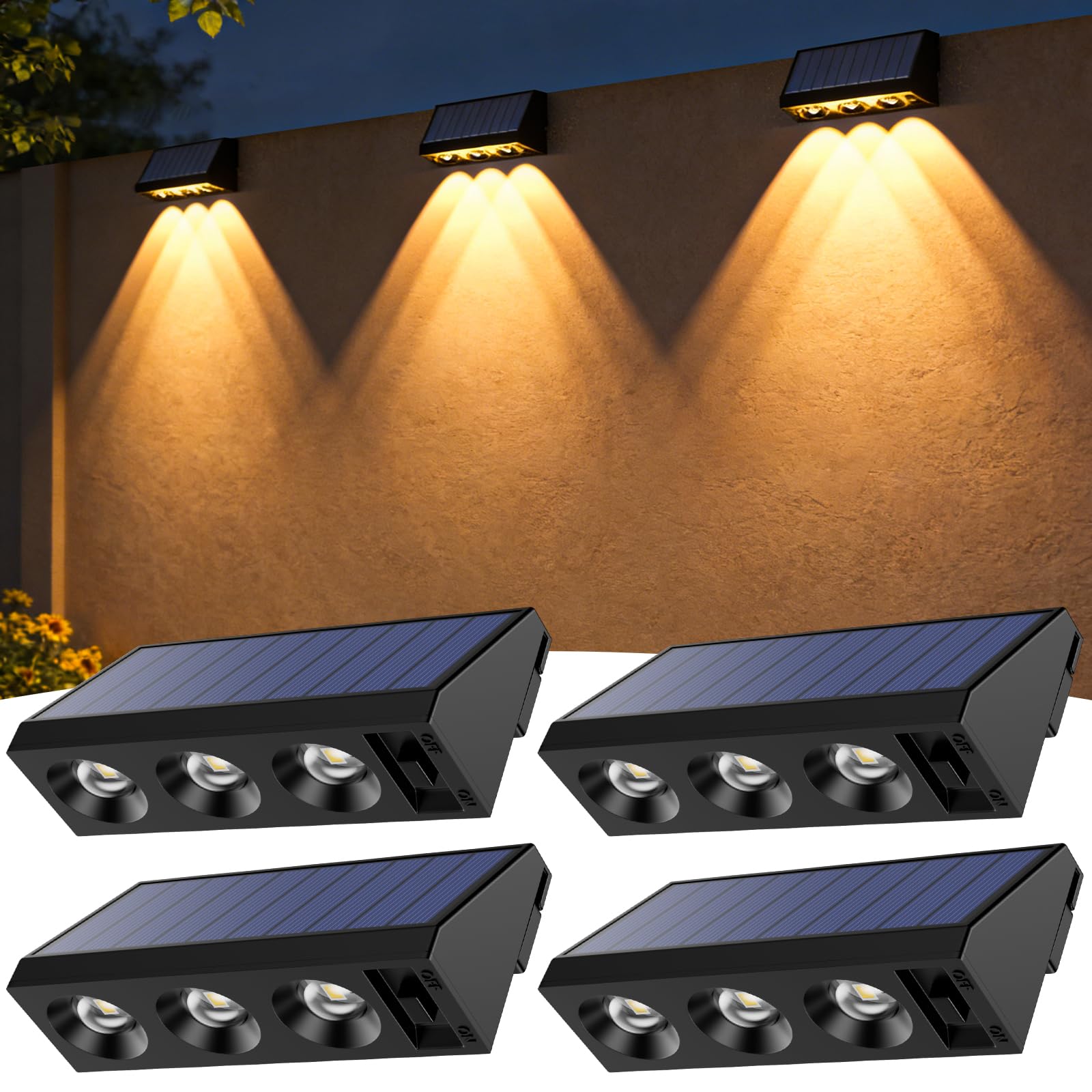 Wudyfei Solar Fence Lights Outdoor, 4 Pack Solar Wall Lights with 3LED, Waterproof IP65, 3 Convex Lenses Increase Brightness Solar Powered Garden Lights for Patio Yard Deck Gate Decorations