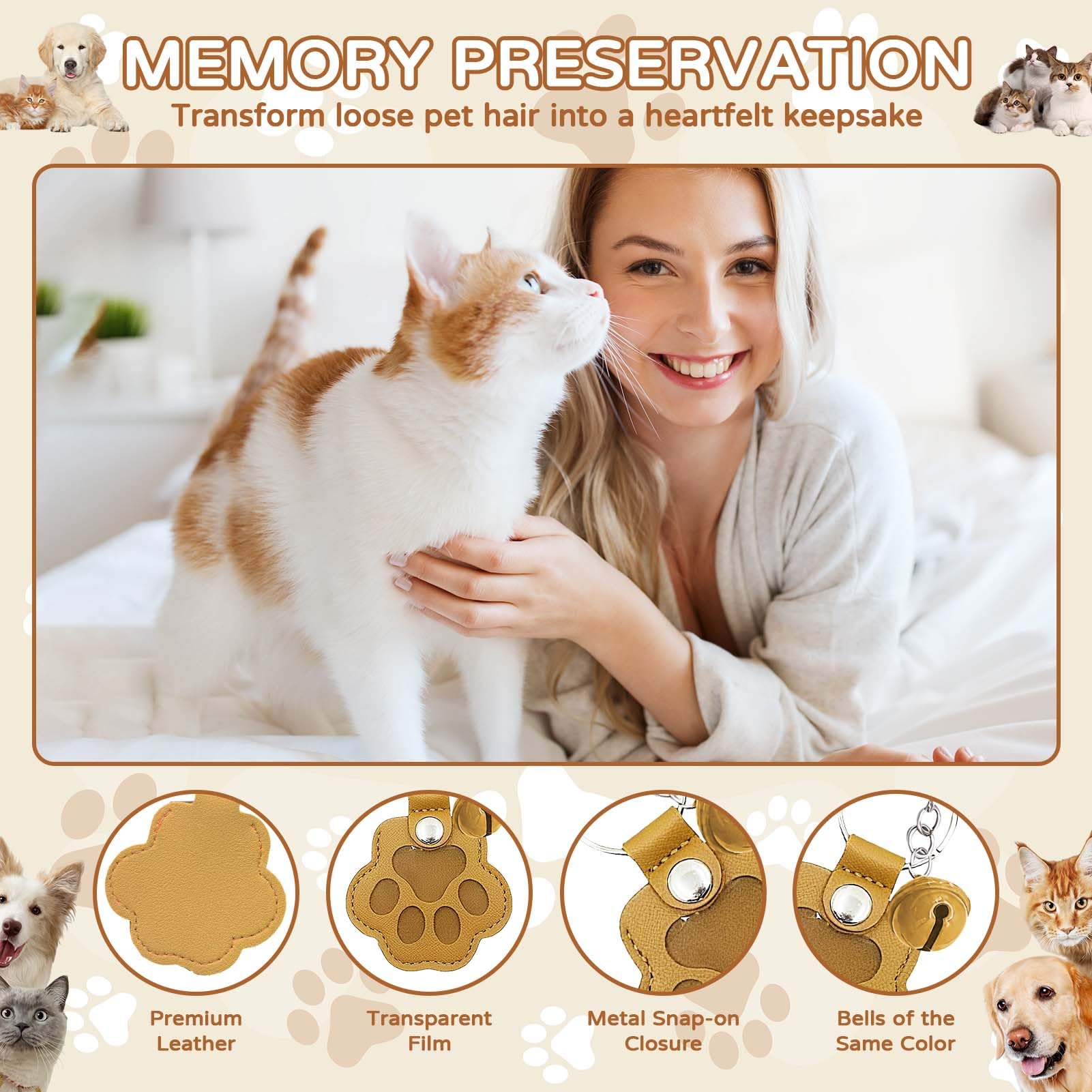 Leather Pet Memorial Keychain 3PCS Pet Fur Keepsake Keyring with Bell Paw Shaped Dog Hair Collector Keychain Pets Hair Storage Pouch Fur Memorial Keyring for Pet Commemorative Pet Memorial Gifts - Image 4