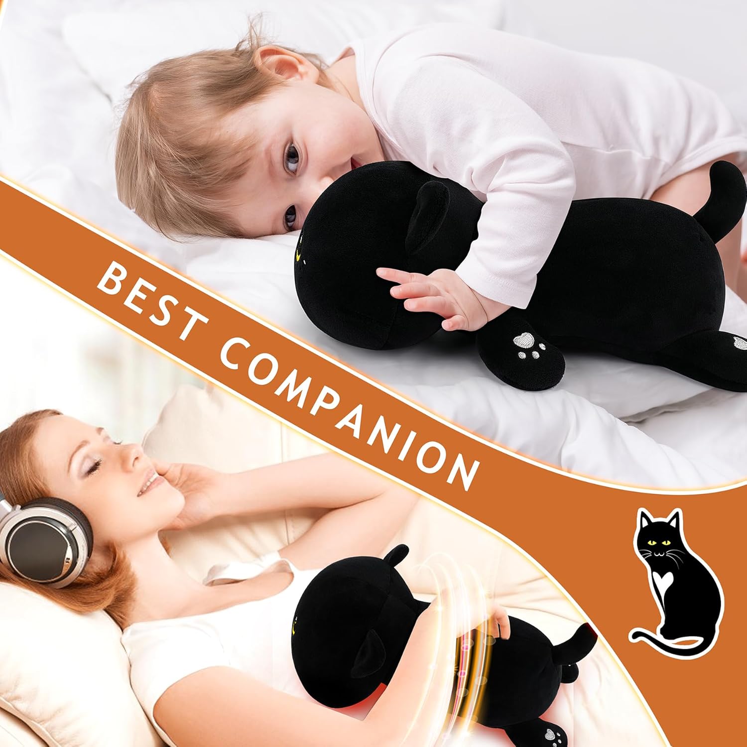 1.8lb Black Cat Stuffed Animals Plush Microwavable Heating Pad-14'' Black Cat Heating Pads for Cramps &Period Pain Relief, Heatable & Coolable Stuffed Animals Bedtime Birthday Gift for Women Kids