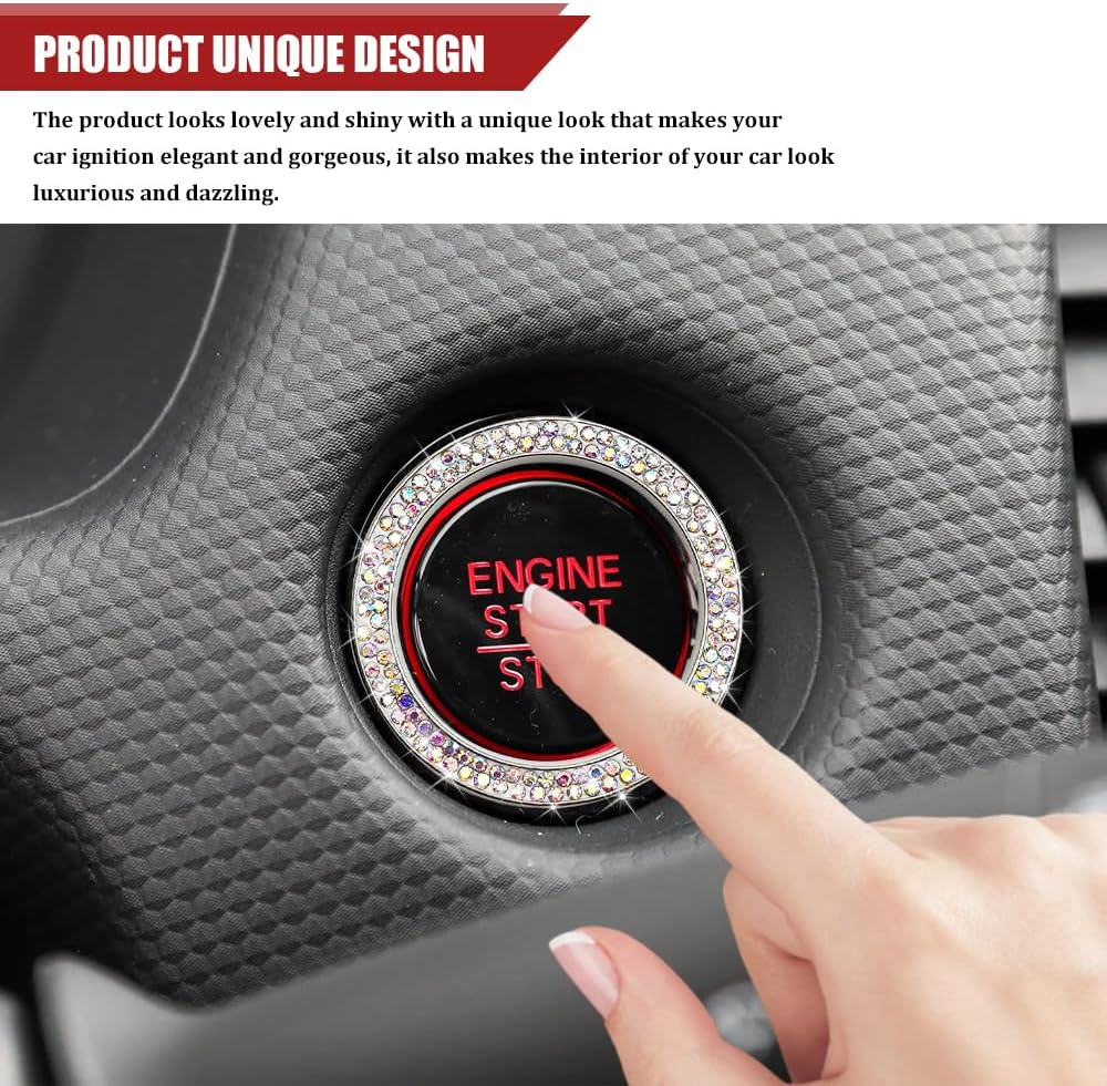 Car Engine Start Stop Decoration Ring, Push Start Button Cover, Bling Crystal Double Rhinestone Key Ignition Knob Sticker, Auto Sparkling Starter Button Sticker for Women Girls image 4