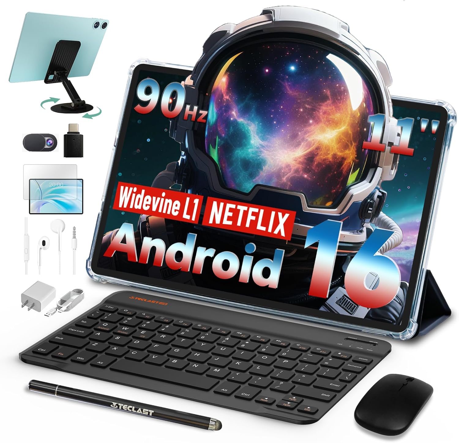 TECLAST P50 Tablet 11 Pollici 90Hz Tablets Android 16, 2.0GHz Octa-Core, 12GB RAM+128GB ROM/TF 4TB/7000mAh/Widevine L1/GPS/BT5/OTG/Tablet con Tastiera+Custodia+Penna+Auricolari, 10 Accessori