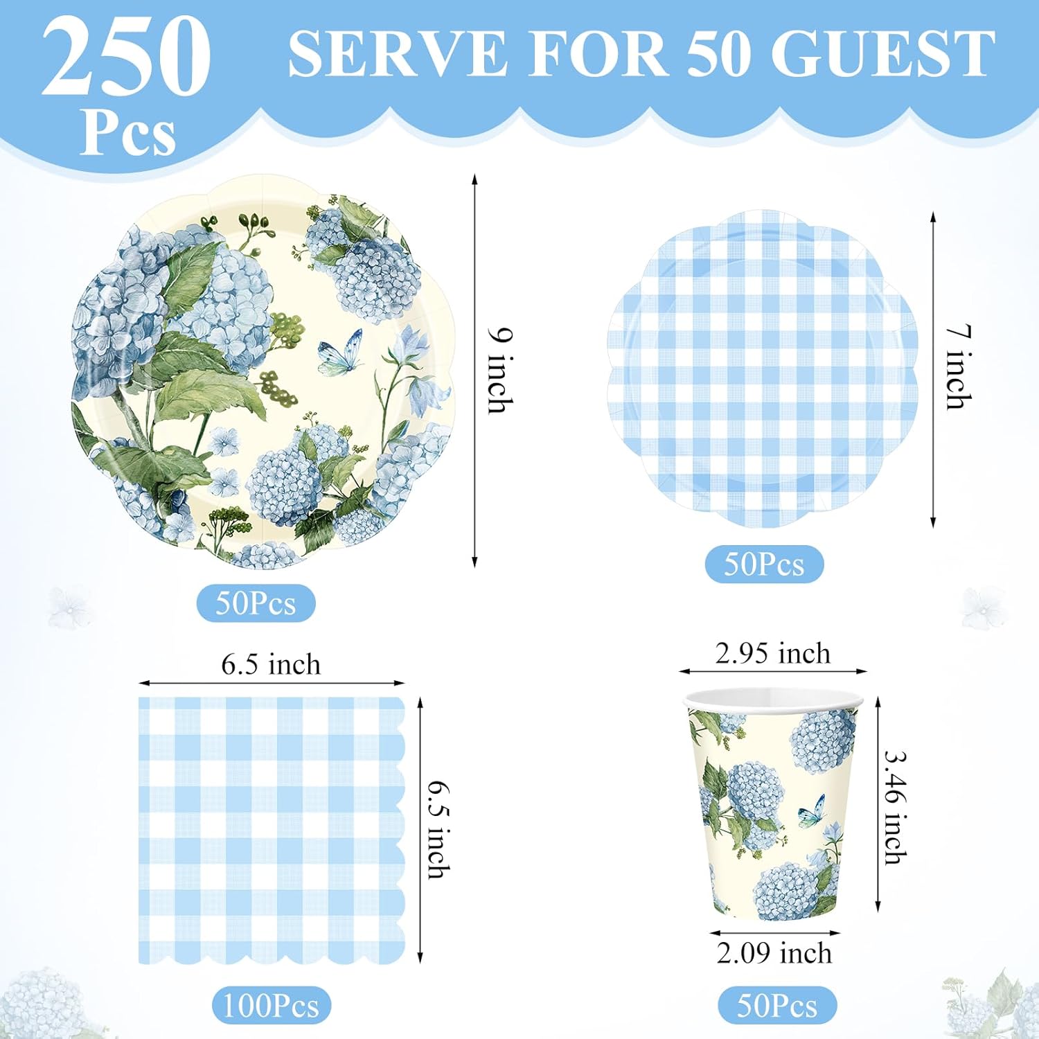 Pickmesh 250 Pcs Blue Hydrangea Party Supplies Blue Floral Gingham Checkered Paper Plates Napkins and Cups Hydrangea Disposable Tableware Set for Summer Wedding Birthday Tea Party Decorations Serve 50