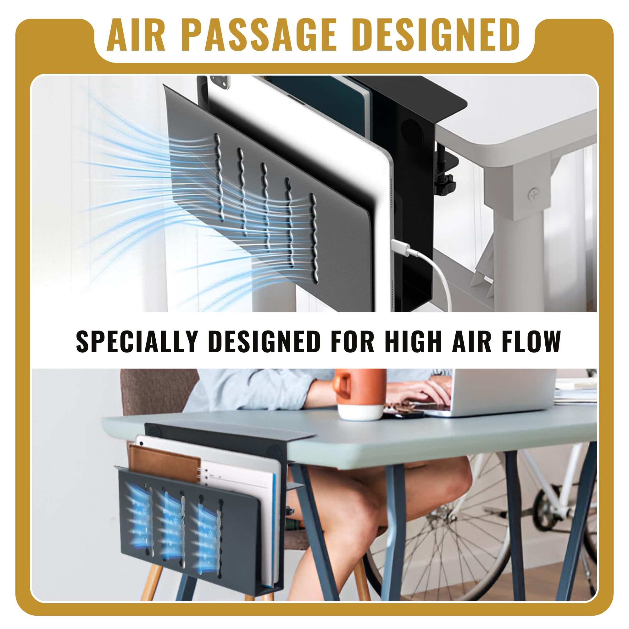 Desk Side Storage – Heavy-Duty Steel Laptop Holder Desk Attachment with Magnetic Pen Holder, Side Table No Drill Clamp Desk Organizer, Hanging Desk Organizer for Home & Office – Black