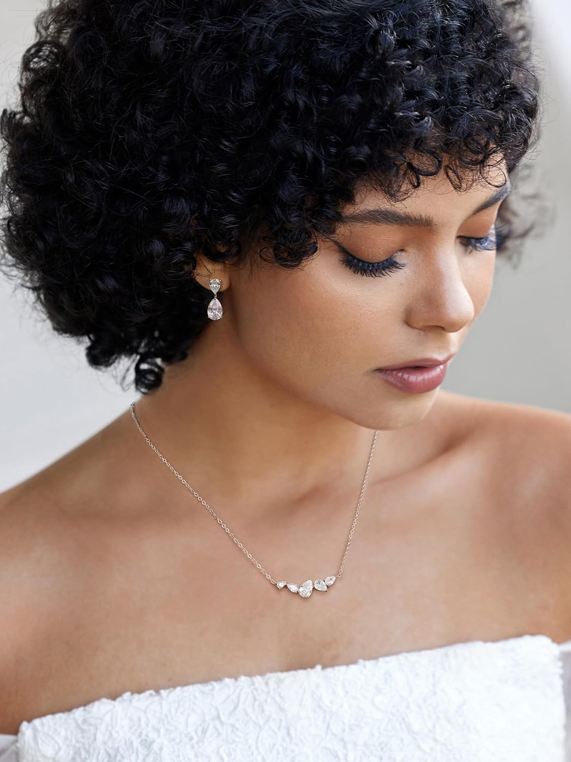 SWEETV Teardrop Bridal Jewelry Set for Wedding, Silver Cubic Zirconia Backdrop Necklace Earrings Set for Bridal Bridemaid, Marquise Jewelry Set for Women Prom Costume Wedding - Image 3