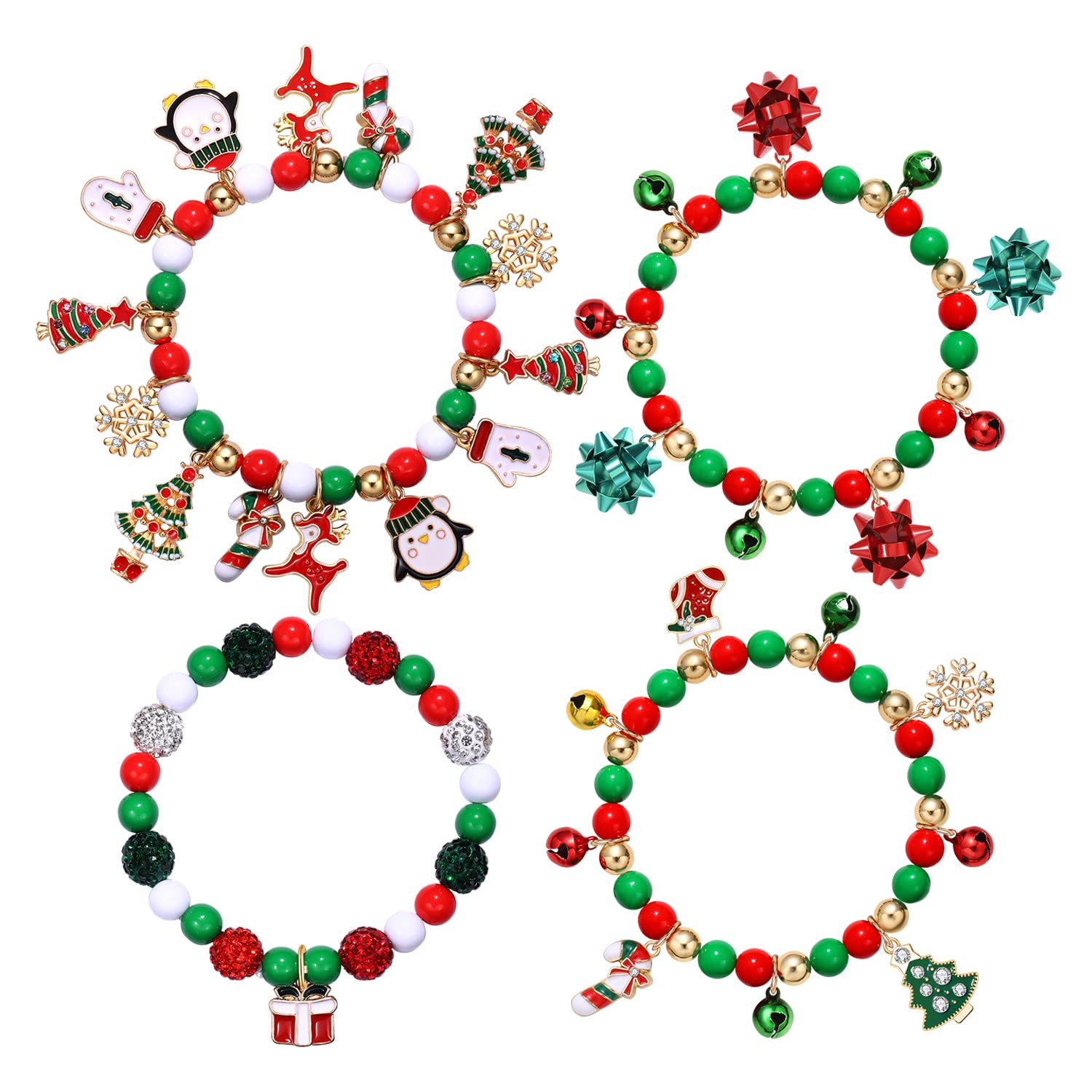 ARATLENCH Christmas Jingle Bell Bracelet Colorful Bow Snowman Xmas Tree Beaded Chram Stretch Bracelet Novelty Christmas Festival Holiday Jingle Bells Bracelets Set for Women