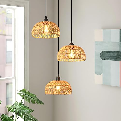 Miniatura 4 de hualuosi Lámpara colgante tejida de bambú, 14.82 pulgadas, estilo costero de ratán tejido a mano, lámparas colgantes de mimbre bohemio para granja,