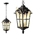 Dusk to Dawn Aluminum Outdoor Pendant Lights for Porch Garage, Vintage Globe Pendant Lighting Outside Gold Hanging Light Fixture with Amber Glass, Waterproof Exterior Chandelier, 2 Pack