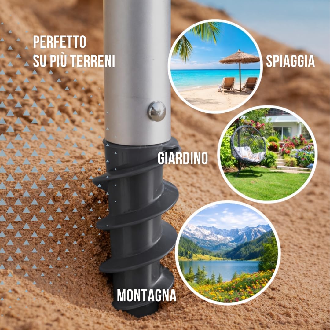 Batik Ombrellone Mare Tornado 220 cm – Ombrellone da Spiaggia Antivento con Trivella – Palo in Alluminio – Anti UV – 6 Stecche Rinforzate