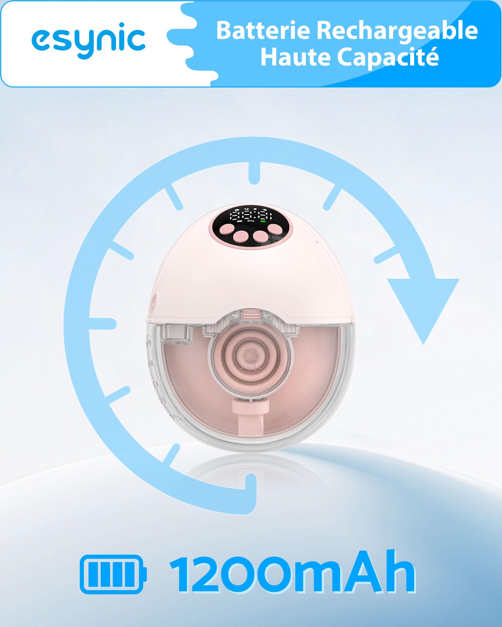 eSynic Tire-lait Électrique Main Libre Portable Diffusion Vocale Détection de Niveau de Lait Anti-éclaboussures 4 Modes 12 Niveaux avec Écran LED Bride 24/21/19mm Pompe Électrique à Lait sans fil-Rose