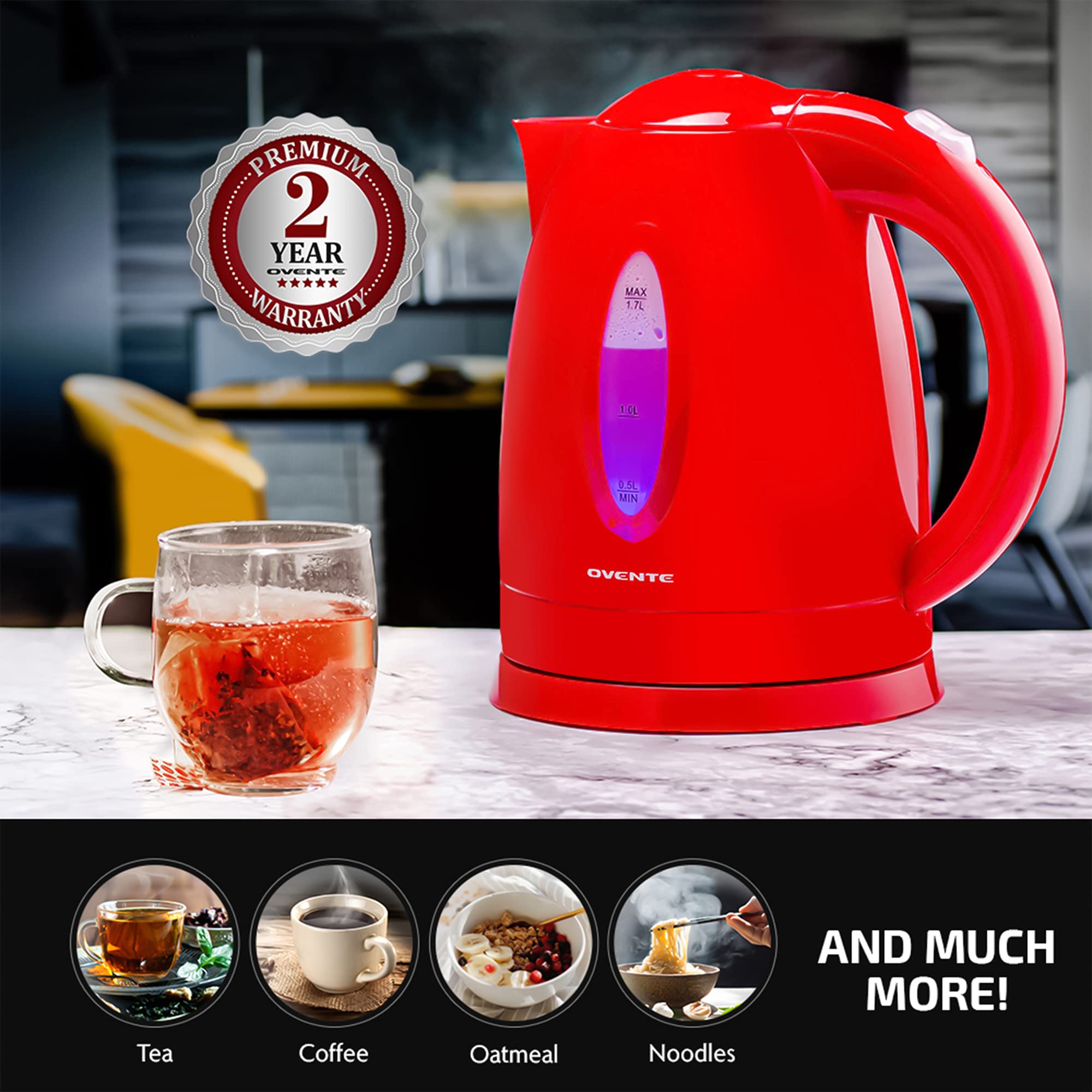 OVENTE Electric Kettle 1.7 Liter Hot Water Boiler LED Light, 1100 Watt BPA-Free Portable Tea Maker Fast Heating Element with Auto Shut-Off and Boil Dry Protection, Brew Coffee & Beverage, Red KP72R